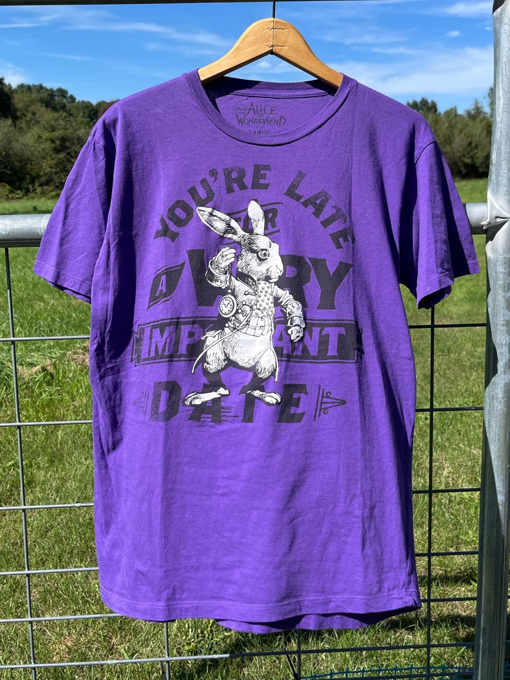 2010 Y2K Disney Alice In Wonderland White Rabbit T-Shirt Purple Size L Goth Emo